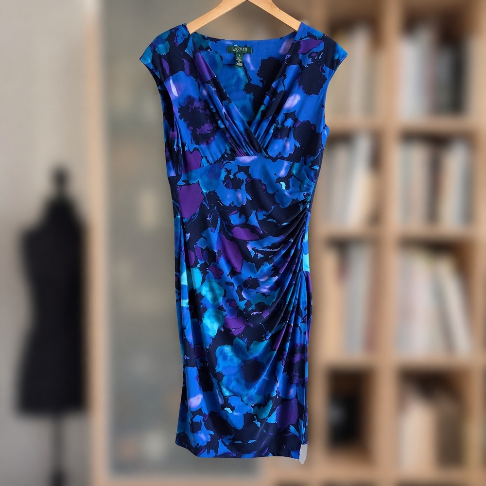 Lauren Ralph Lauren Blue Purple Abstract Floral Ruched Sheath Dress Size 10 - Picture 1 of 11